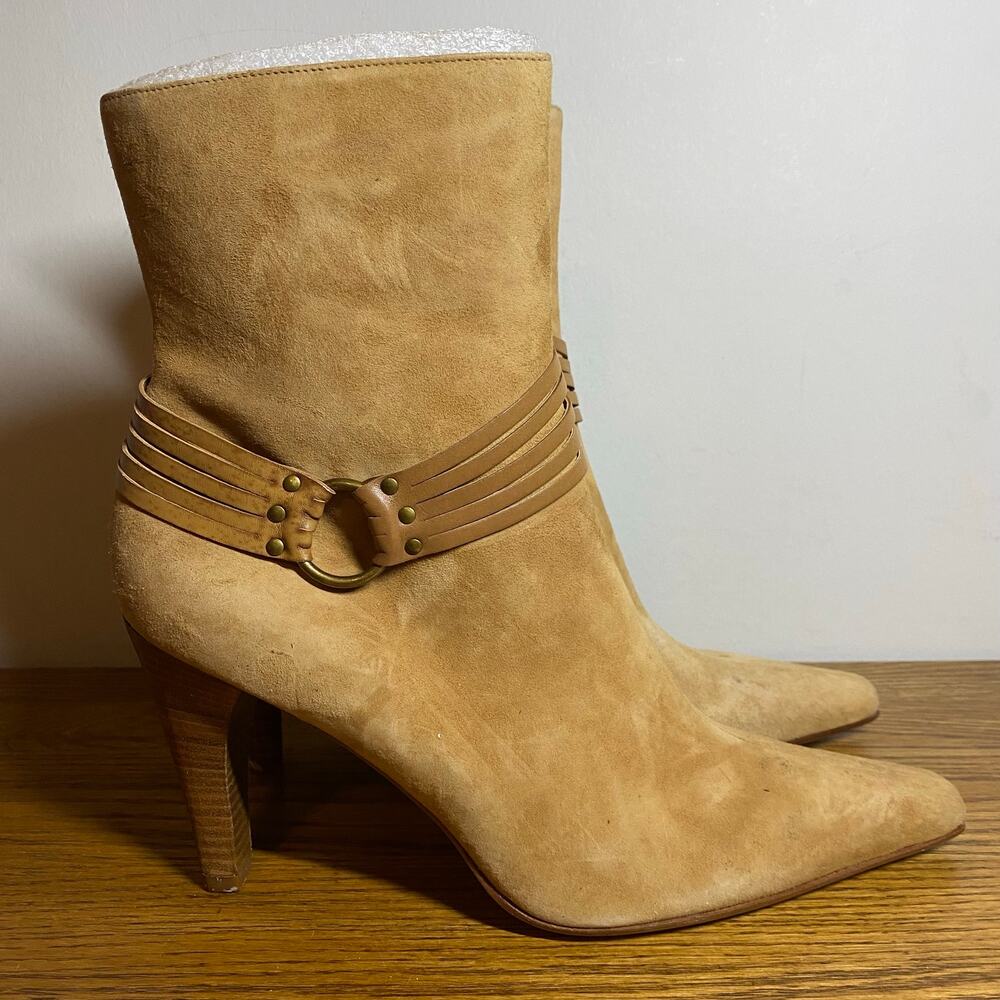 Antonio Melani Glove Fit Camel Tan Suede Multi Strap Ankle Boot Booties Size 10M